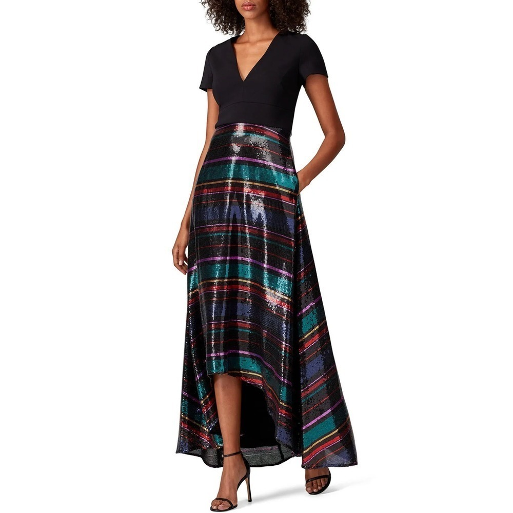 B41 Badgley Mischka Gown Womens 18 Black Sequin Stripe High-Low Cocktail Evening